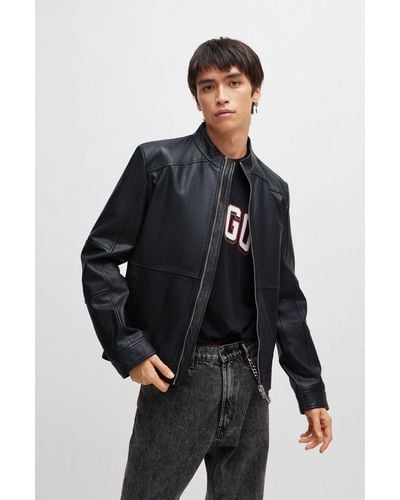 HUGO Extra-slim-fit Leather Jacket With Red Lining - Black