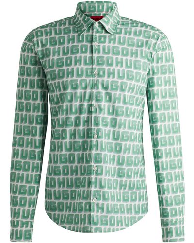 HUGO Slim-fit Shirt In Logo-print Stretch-cotton Poplin - Green