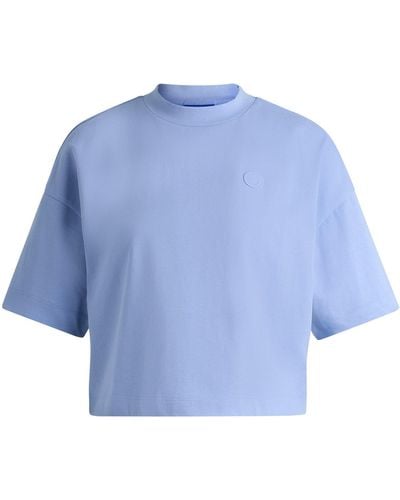 HUGO Cropped T-shirt In Cotton Jersey With Logo Badge - Blue