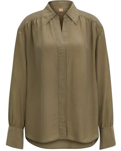 BOSS Relaxed-fit Blouse With Concealed Placket And Point Collar - Green
