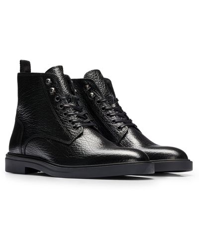 BOSS Lace-up Half Boots In Grained Leather With Zip - Black