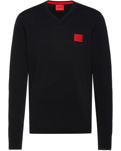 HUGO V-neck Jumper In Pure Cotton With Red Logo Label - Black