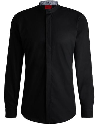 HUGO Slim-Fit Hemd aus Baumwolle mit Muster unter der Blende - Schwarz