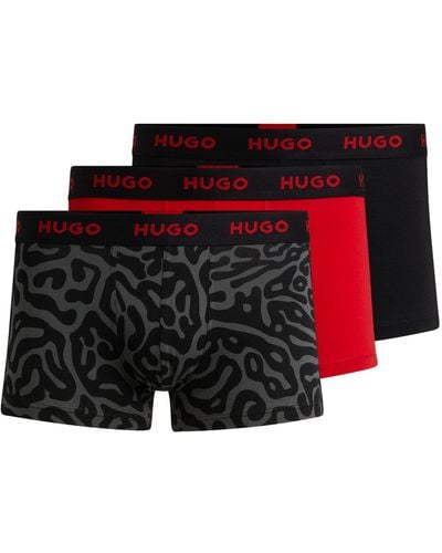 HUGO Three-pack Of Stretch-cotton Trunks With Logo Waistbands - Black