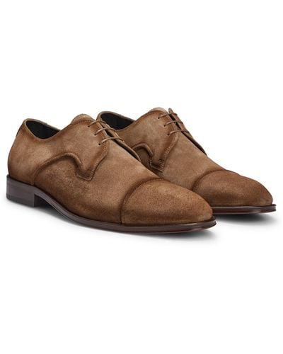 BOSS Italian-made Suede Derby Shoes With Cap-toe Detail - Brown
