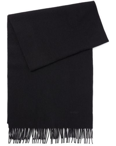 BOSS by HUGO BOSS Fringed Wool Scarf With Embroidered Logo - Black