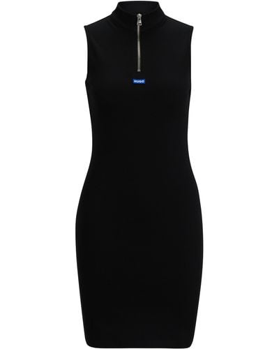 HUGO Slim-Fit Kleid aus Stretch-Baumwolle mit Reißverschluss am Ausschnitt - Schwarz