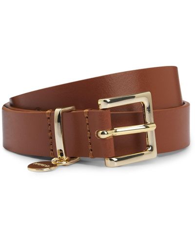HUGO Italian-leather Belt With Gold-tone Logo Charm - Brown