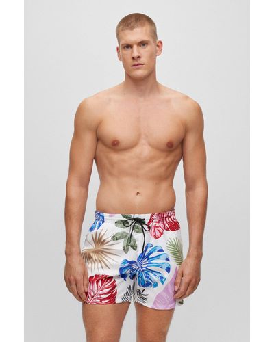 BOSS Floral-print Swim Shorts With Logo Detail - Blue