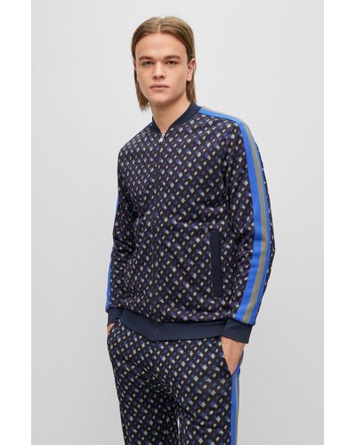BOSS Zip-up Sweatshirt With Monogram Print - Blue