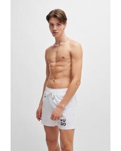 HUGO Quick-dry Swim Shorts With Stacked-logo Print - White