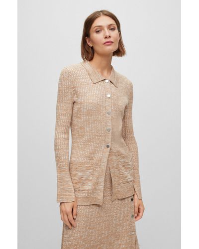 BOSS Mouliné Ribbed Cardigan With Metallic Monogram Buttons - Natural