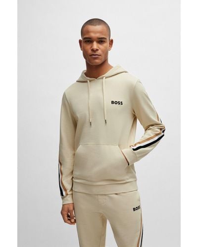 BOSS Cotton-terry Hoodie With Signature-stripe Tape - Natural