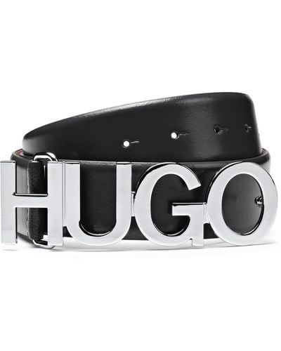 HUGO Structured-leather Belt With Logo Buckle In Polished Metal - Black
