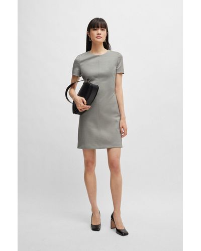 BOSS Short-sleeved Dress In Stretch Material With Rear Zip - Gray
