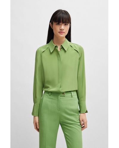 BOSS Long-sleeved Blouse In Washed Silk - Green
