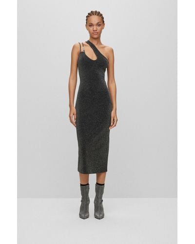 HUGO Glittery Asymmetric Midi Dress With Logo Strap - Black