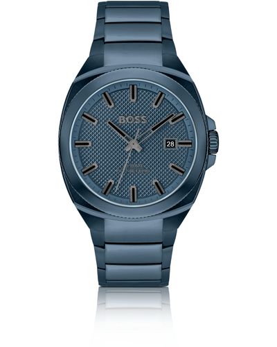 BOSS Blaue Uhr mit Gliederarmband und tonalem Guilloche-Zifferblatt
