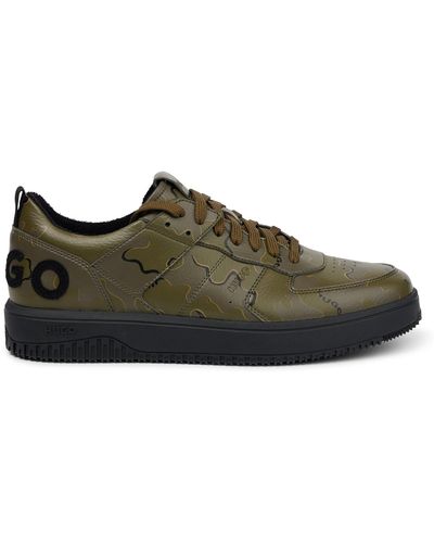 HUGO Faux-leather Trainers With Camouflage Print And Logo - Green
