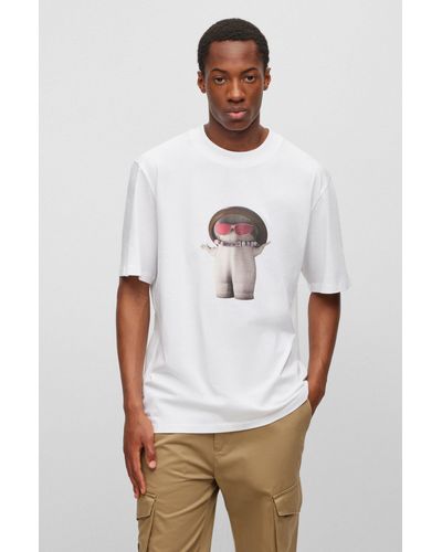 HUGO Cotton-jersey Relaxed-fit T-shirt With Mushroom Prints - White