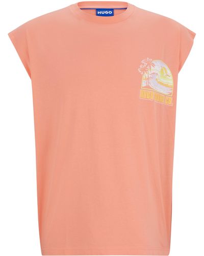 HUGO Mouwloos T-shirt Van Katoenen Jersey Met Zomers Artwork - Roze