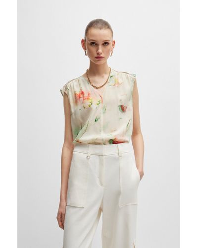 BOSS Silk Blouse With Ladder Lace And Seasonal Print - Multicolor