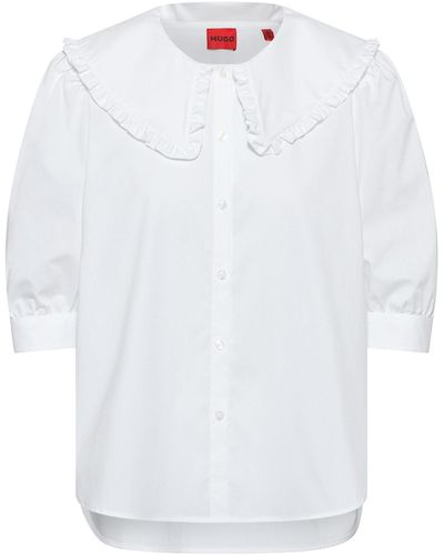 HUGO Puff-sleeve Blouse In Stretch-cotton With Frilled Collar - White