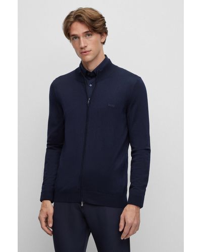 BOSS Cardigan Regular en laine vierge avec logo brodé - Bleu
