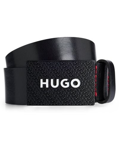 HUGO Cintura in pelle italiana con fibbia con placchetta brandizzata - Nero