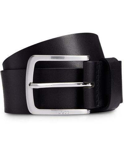 BOSS Italian-leather Belt With Logo-engraved Buckle - Black