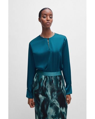 BOSS Relaxed-fit Blouse In Stretch Silk With Keyhole Closure - Blue