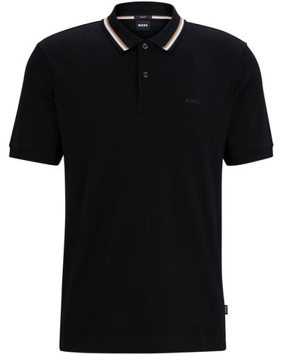 BOSS Slim-Fit Poloshirt aus Baumwolle mit gestreiftem Kragen - Schwarz
