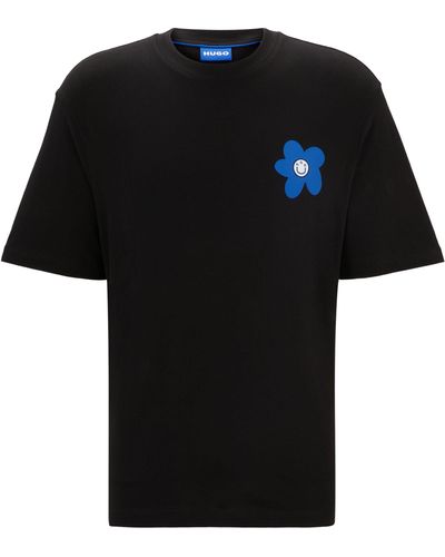 HUGO T-shirt Van Katoenen Jersey Met Gebloemd Logo-artwork - Zwart