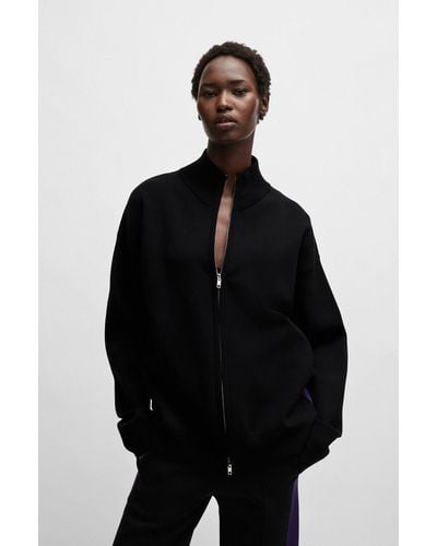 BOSS Naomi X Zip-up Knitted Jacket With Logo Patch - Black