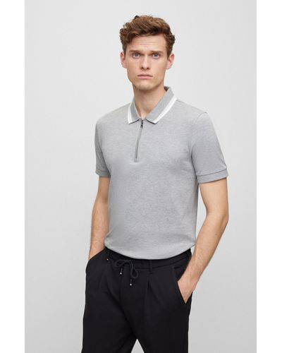 BOSS Slim-fit Polo Shirt In Cotton With Zipper Neck - Gray