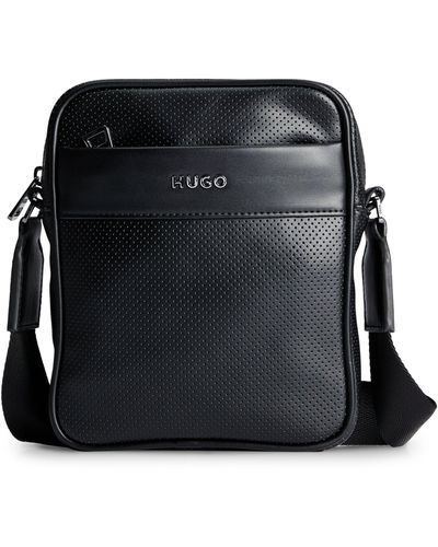 HUGO Logo-lettering Mini Reporter Bag In Perforated Faux Leather - Black