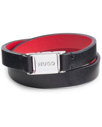 HUGO Double-wrap Italian-leather Cuff With Branded Closure - Red