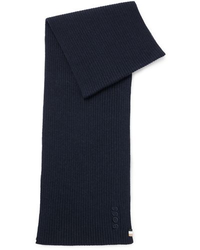 BOSS Ribbed Scarf In A Cotton Blend With Logo Details - Blue