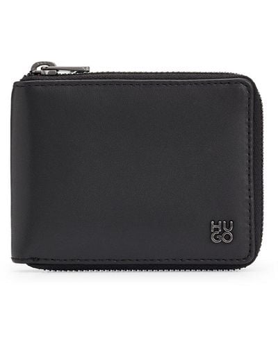 HUGO Matte-leather Ziparound Wallet With Stacked Logo - Black