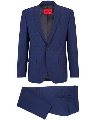 HUGO Slim-fit Suit In Performance-stretch Checked Fabric - Blue