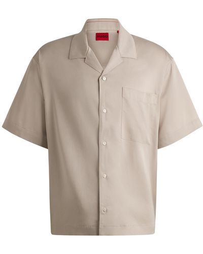 HUGO Oversized-fit Short-sleeved Shirt In Fluent Canvas - Natural