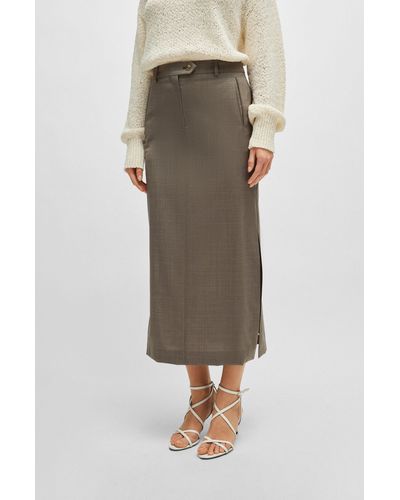 BOSS Maxi Skirt In Melange Virgin Wool With Side Slits - Natural