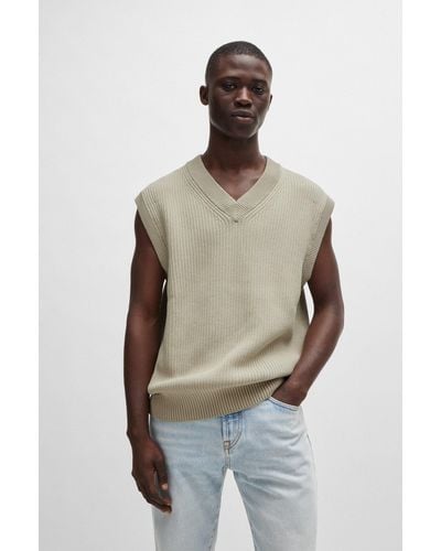BOSS Relaxed-fit Sleeveless Sweater In Ribbed Cotton - Natural
