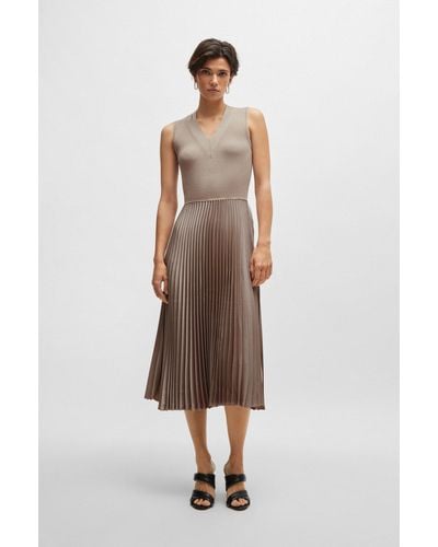 BOSS Mixed-material Dress With Plissé Skirt - Natural