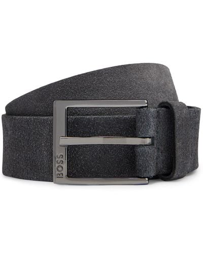 BOSS Italian-suede Belt With Engraved Logo Buckle - Black