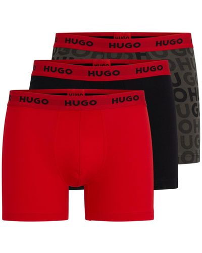 HUGO Three-pack Of Stretch-cotton Boxer Briefs With Logo Waistbands - Red