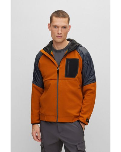 BOSS Mixed-material Zip-up Hoodie With Fleece Lining - Orange