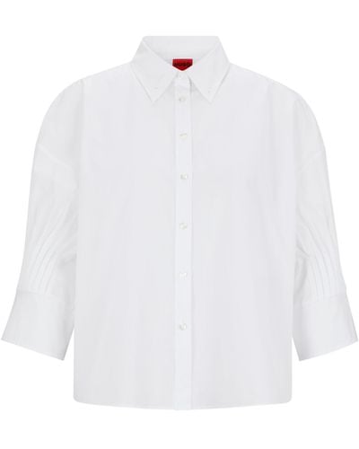 HUGO Regular-fit Blouse In Cotton Poplin With Pleated Sleeves - White