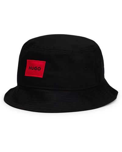 HUGO Bucket Hat In Cotton Twill With Red Logo Label - Black