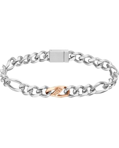 BOSS Bracelet à chaîne figaro en acier inoxydable avec maillon logoté contrastant - Blanc